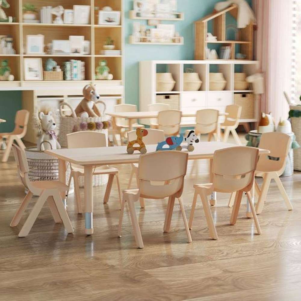 Emmy 7-Pieces Rectangular Laminated Top Natural Bat Table Set Height Adjustable Activity Table Set with 6-Chairs